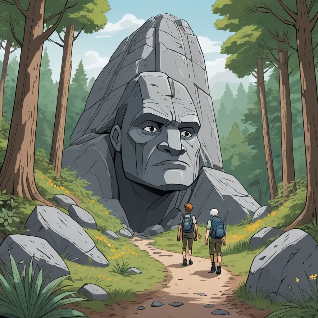 a couple of people walking down a dirt road near a large rock formation in the woods with trees and bushes, environmental art, a statue, Charles Fremont Conner, promotional image