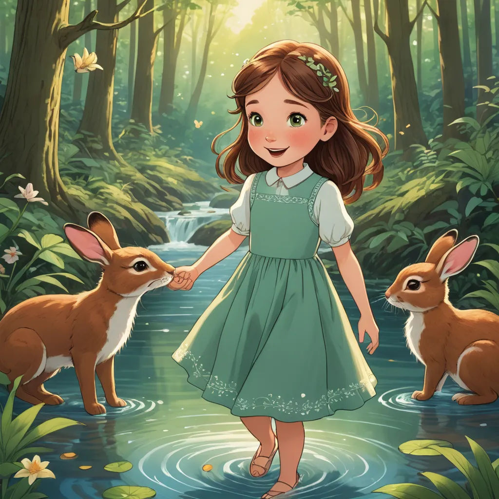 a little girl in a green dress is holding hands with two rabbits in a forest with a stream of water, naturalism, a storybook illustration, Clarice Beckett, storybook illustration