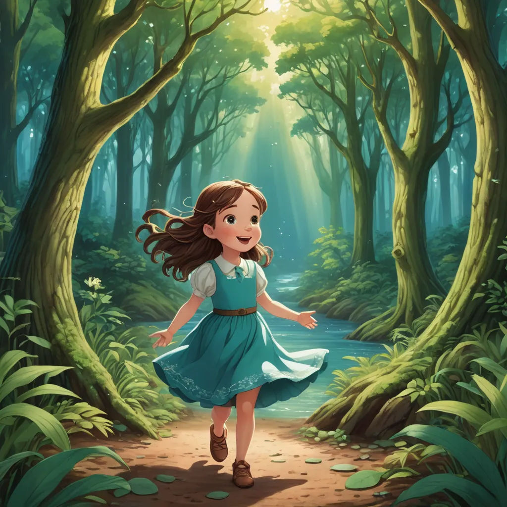 a girl in a blue dress is walking through a forest with a stream of water and trees in the background, fantasy art, a storybook illustration, Alice Prin, rossdraws global illumination