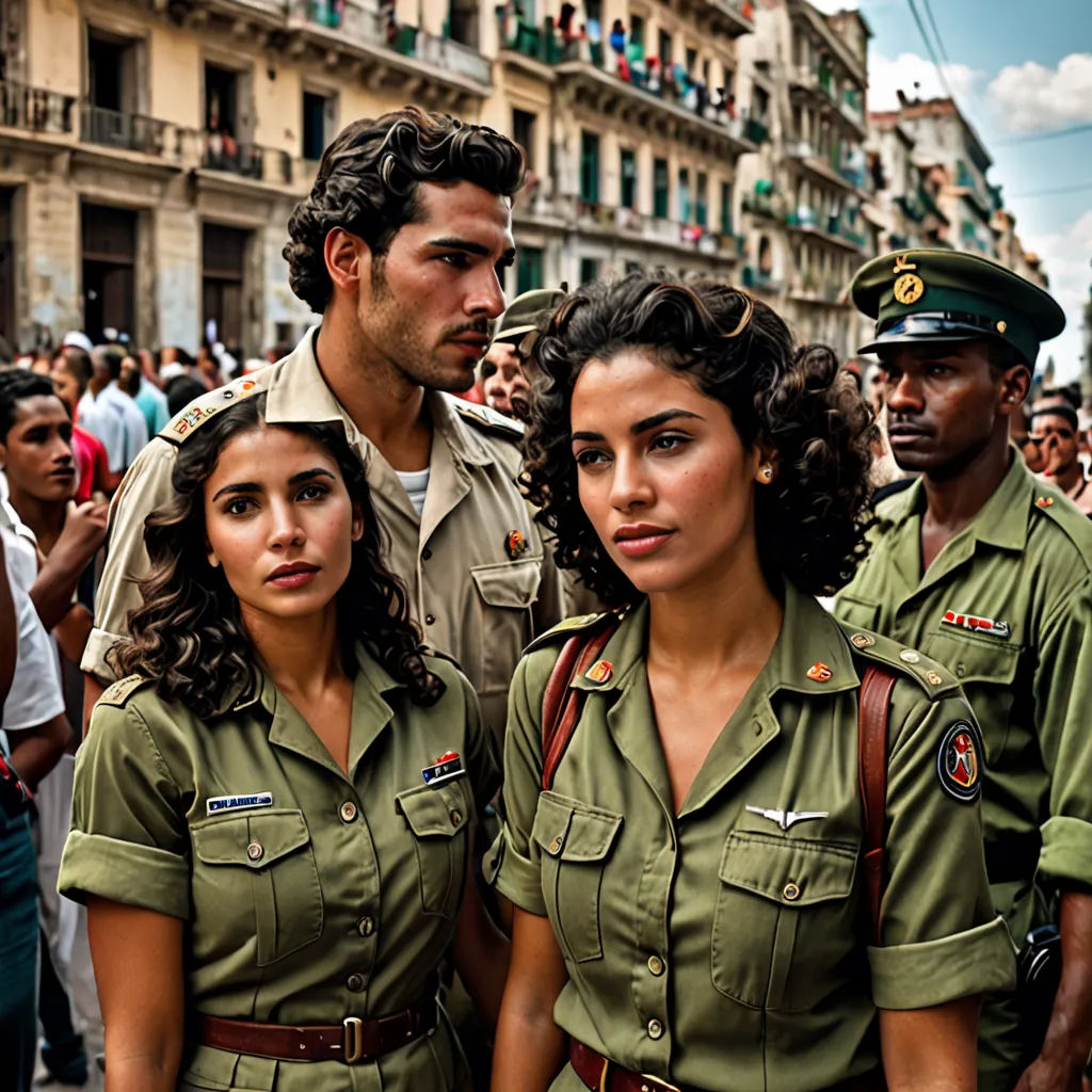 a group of people in uniform standing in a crowd of people in a city street with buildings in the background, magical realism, a colorized photo, Diego Gisbert Llorens, promotional image