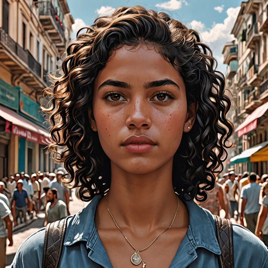 a woman with curly hair standing in a crowded street with people walking around her and a sky background with clouds, photorealism, a hyperrealistic painting, Constance Gordon-Cumming, highly detailed digital painting