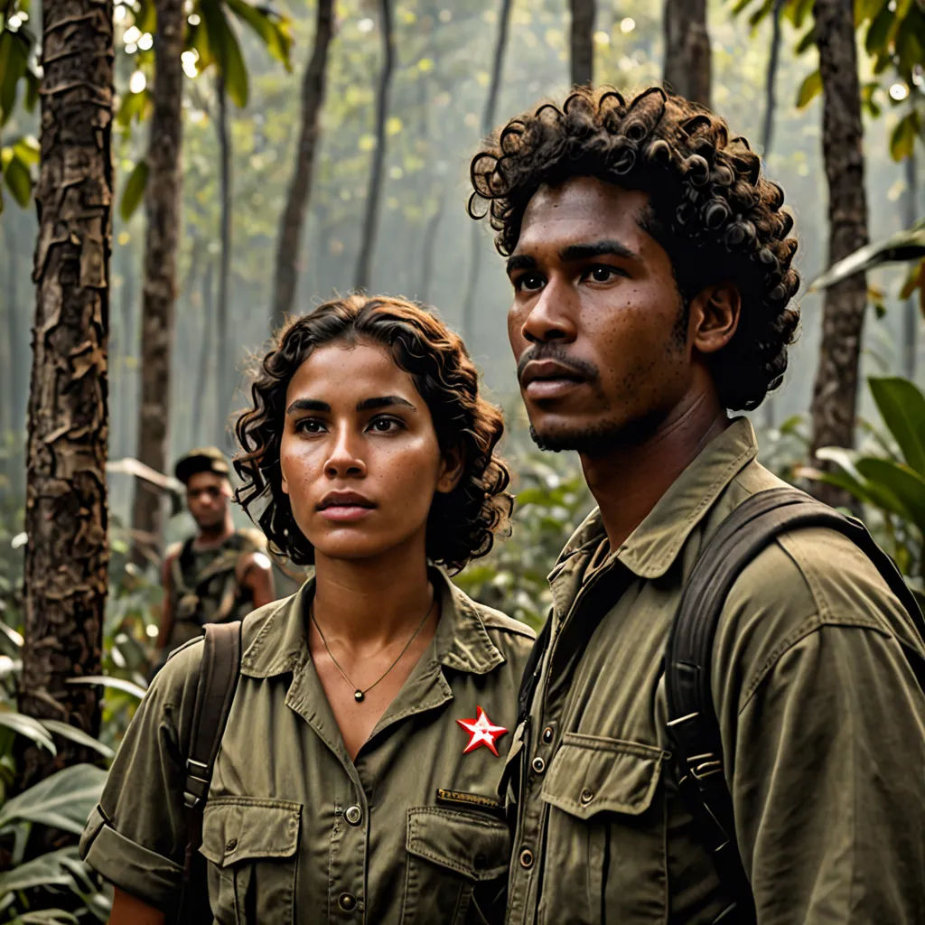 a man and a woman in military uniforms in the jungle with trees and foliage in the background, with a man in the foreground, les automatistes, a poster, Diego Gisbert Llorens, promotional image