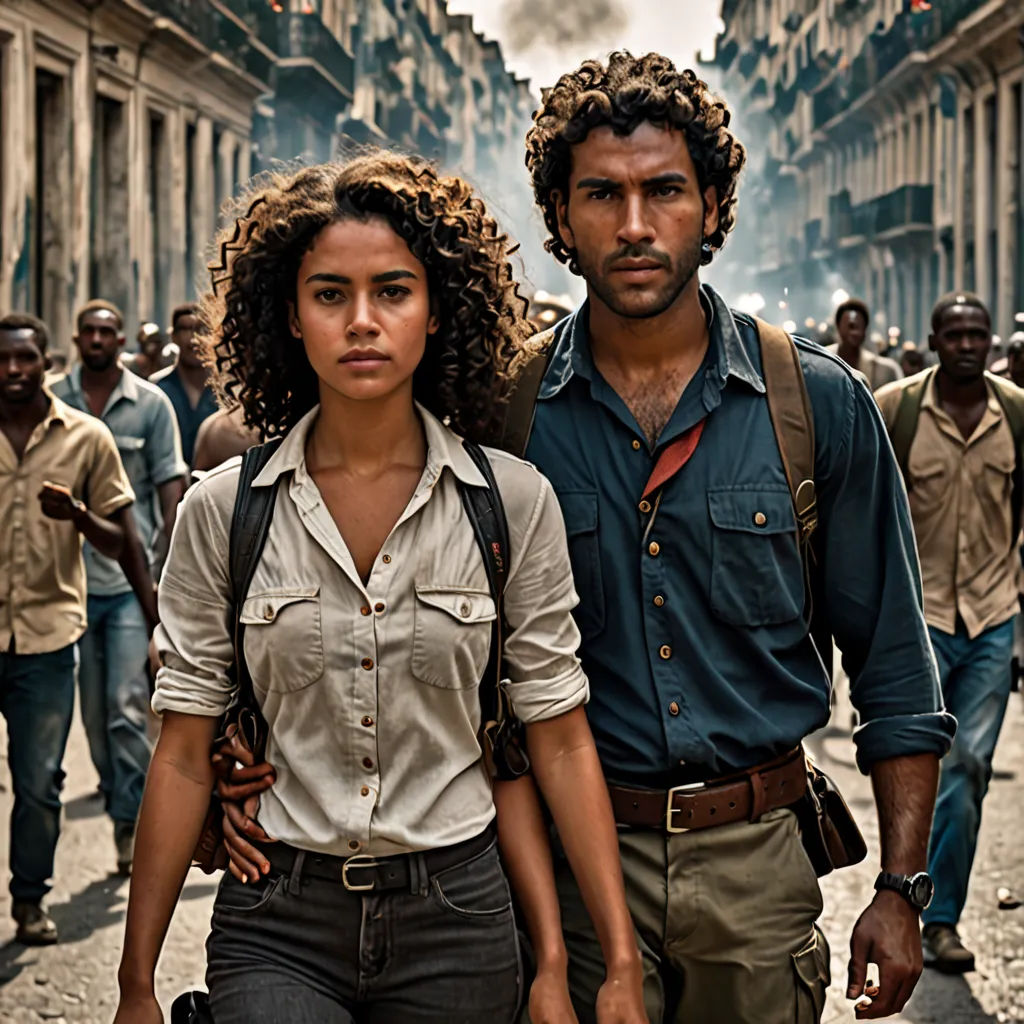 a man and a woman walking down a street in a city with people walking by them on the sidewalk, serial art, a poster, Chafik Charobim, promotional image