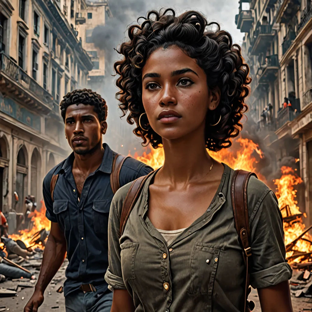 a woman standing next to a man in a street with a fire in the background and a building on fire, serial art, poster art, Araceli Gilbert, promotional image