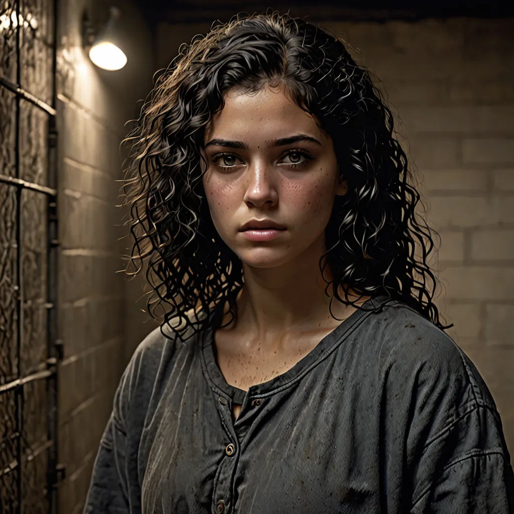a woman standing in a dark room with a brick wall and a light on the ceiling above her head, tachisme, a character portrait, Araceli Gilbert, promotional image
