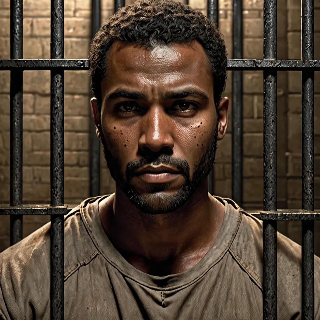 a man in a prison cell with a beard and a beard mustache, wearing a brown shirt and a black beard, figuration libre, a character portrait, Dirk Crabeth, promotional image