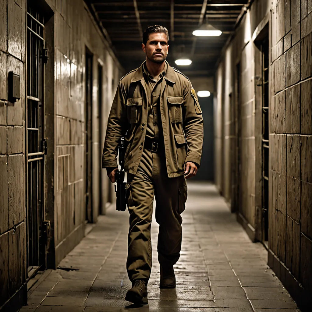 a man in a military uniform walking down a hallway with a gun in his hand and a gun in his other hand, cobra, a character portrait, david rubín, promotional image