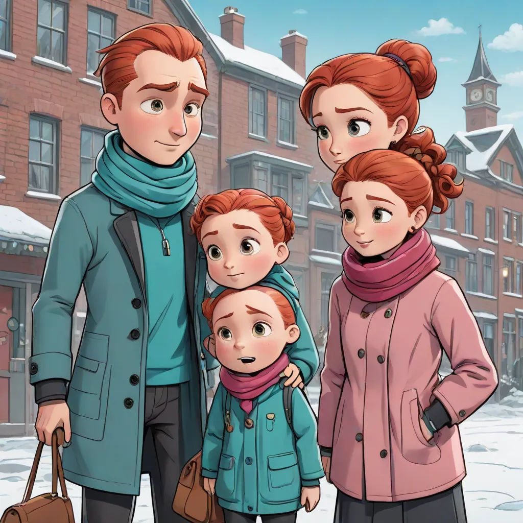 a family of three standing in the snow in front of a building with a clock tower in the background, antipodeans, a storybook illustration, disney, key art