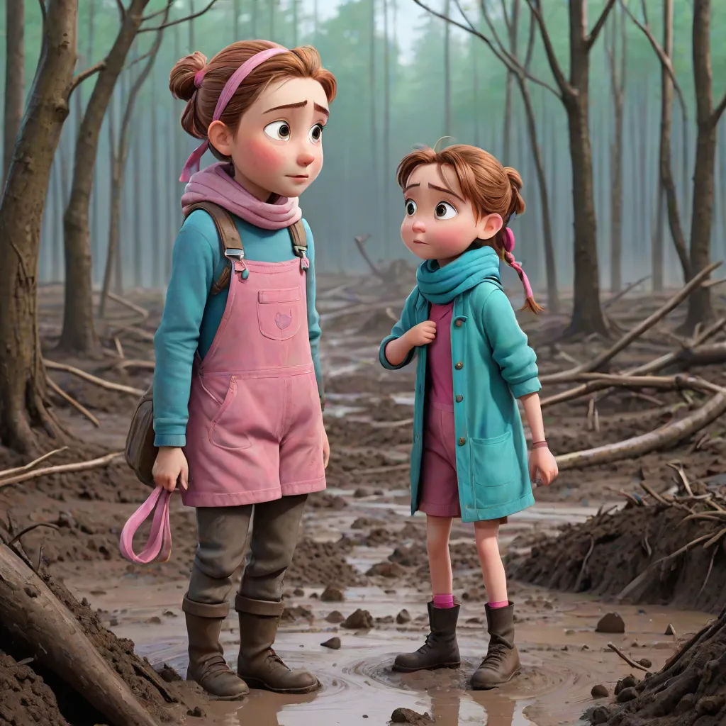 a couple of kids standing in a muddy forest area with trees and mud on the ground and mud on the ground, serial art, a detailed matte painting, Cliff Childs, cgstudio