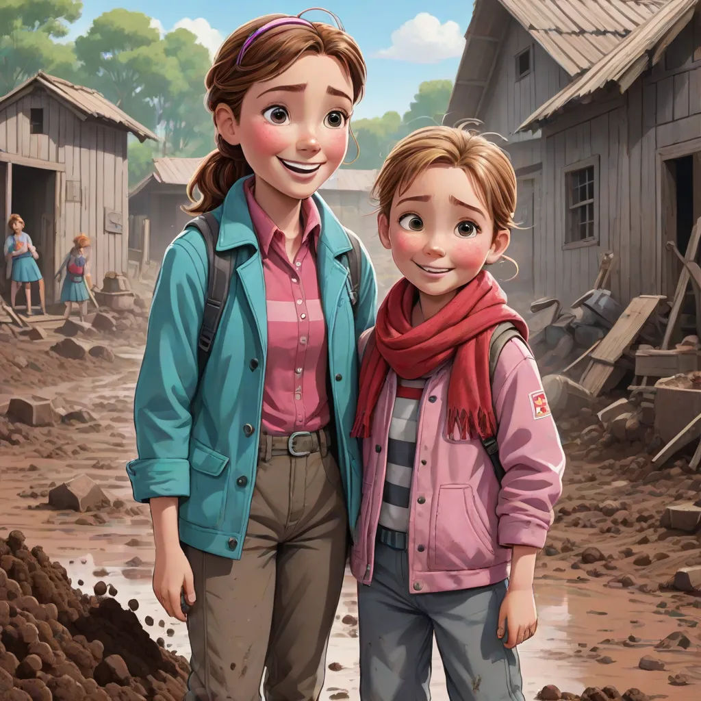 a painting of two people standing in a muddy area with a barn in the background and a child in the foreground, sots art, concept art, disney, official art