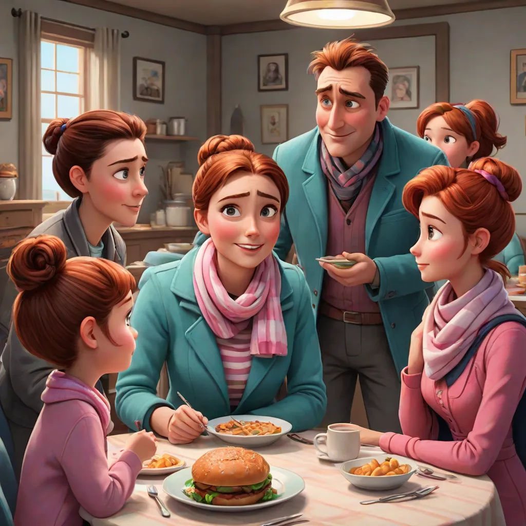 a family is gathered around a table eating a meal together, with a man in a blue jacket and a woman in a pink sweater, sots art, concept art, Chris LaBrooy, official art