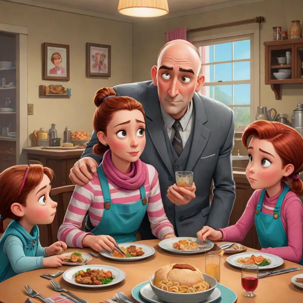a man and two children are eating at a table with a man in a suit and tie and a woman in a pink dress, sots art, a storybook illustration, Cliff Childs, pixar style