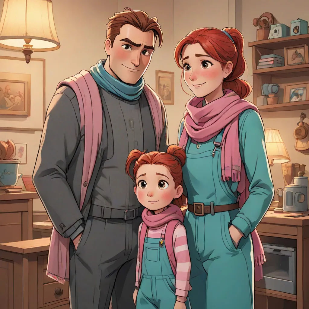 a man and woman standing next to a child in a room with a lamp on the wall and a picture of a man and a woman on the wall, sots art, a storybook illustration, Clarice Beckett, official art