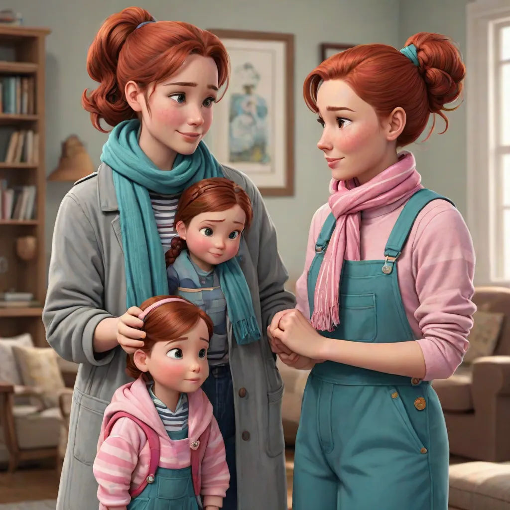 a woman and two children are standing in a room with a doll in her lap and a doll in her other hand, sots art, concept art, disney, cgstudio