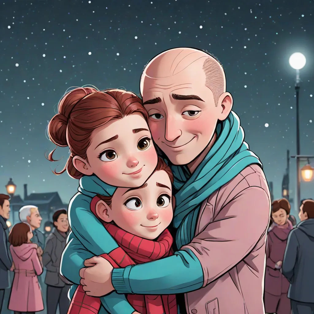 a man and woman hug each other in front of a crowd of people at night with a street light in the background, sots art, a storybook illustration, David Park, official art
