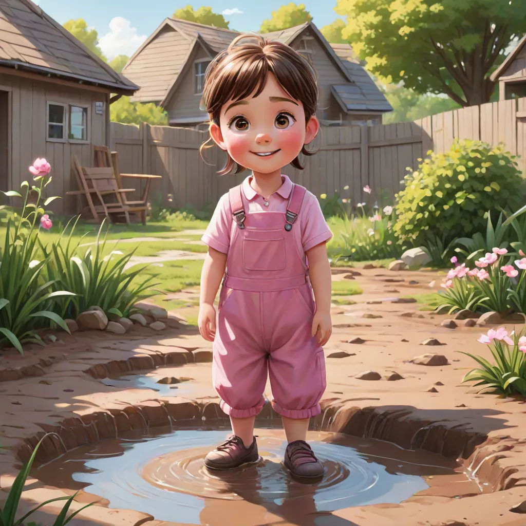 a cartoon girl standing in a puddle of water in a yard with a house in the background and a lawn with flowers, photorealism, an oil painting, Chen Lin, cgstudio