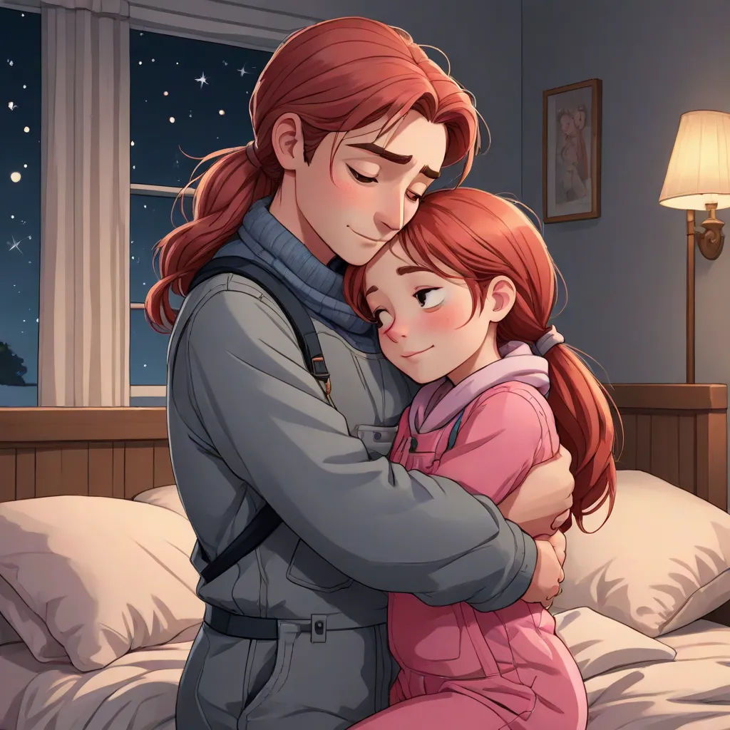 a man and a little girl hugging in bed at night time with stars in the window behind them and a lamp on the nightstand, sots art, a storybook illustration, Cliff Childs, official art