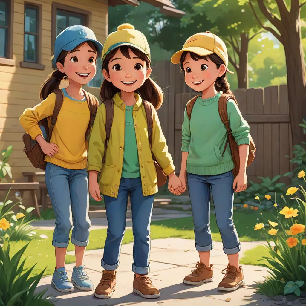three young girls standing in front of a house holding hands and smiling at the camera, with a house in the background, american scene painting, a storybook illustration, disney, official art