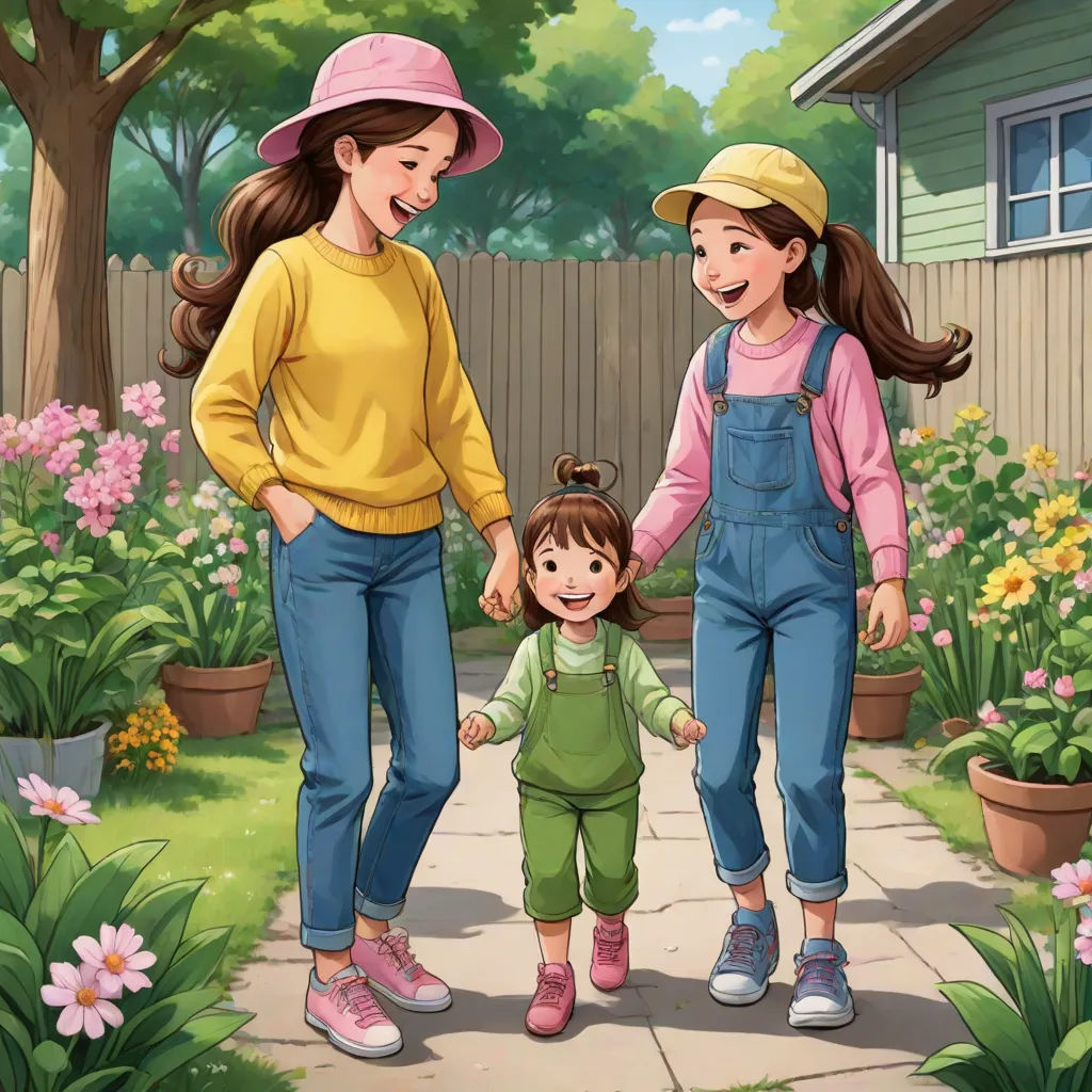 a mother and two daughters are walking in the garden together, the girl is holding the hand of the mother, american scene painting, a storybook illustration, Caroline Lucy Scott, official art