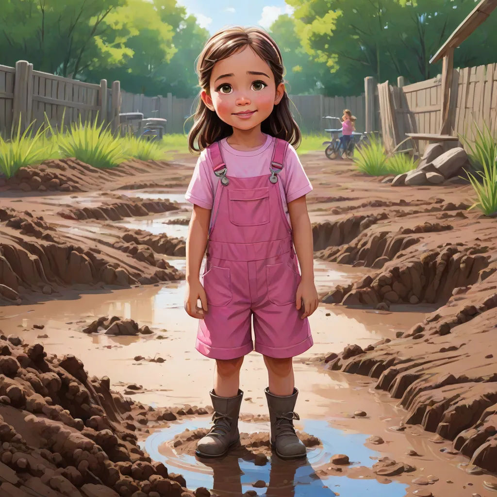 a little girl standing in a puddle of water in a yard with a fence and a wooden fence in the background, american scene painting, a storybook illustration, Bob Byerley, official art