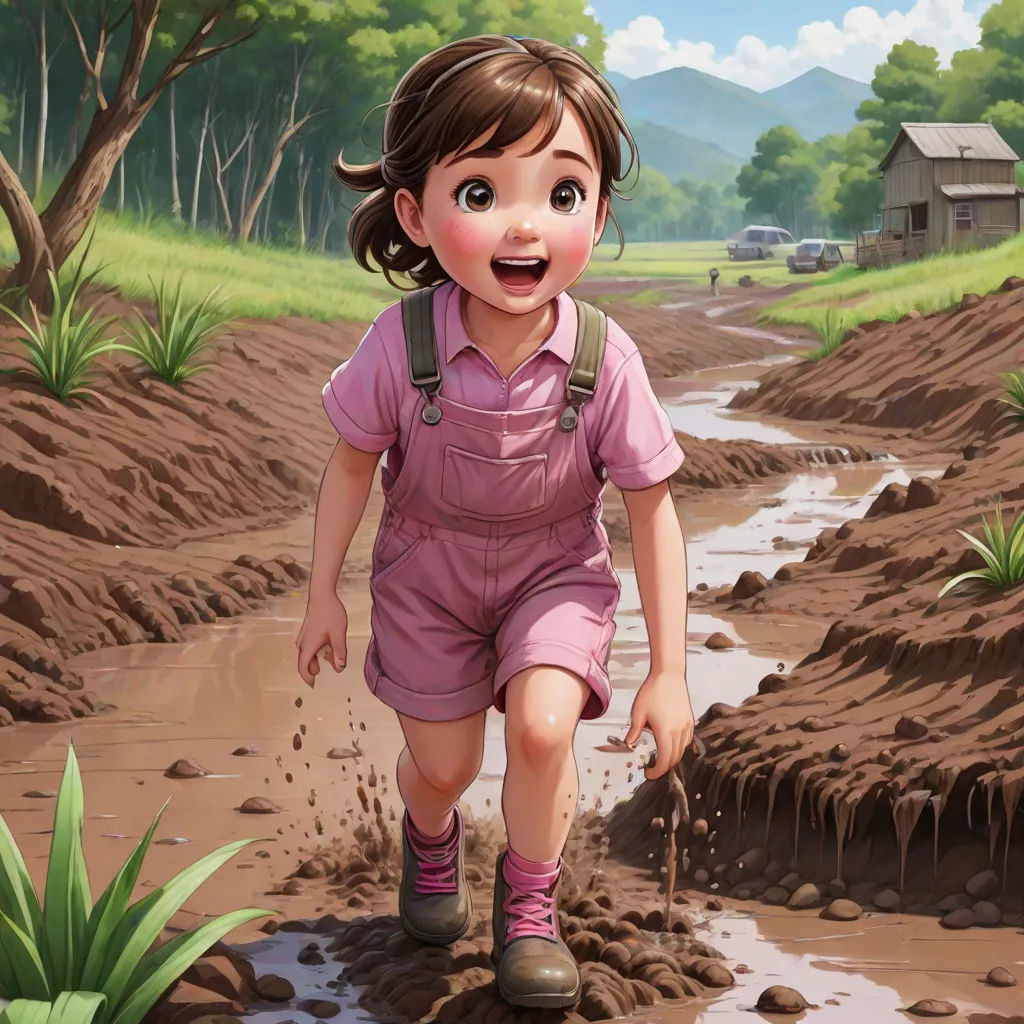 a little girl walking through a muddy field with a backpack on her back and a backpack on her shoulder, sots art, a detailed matte painting, Chen Hong, cushart krenz
