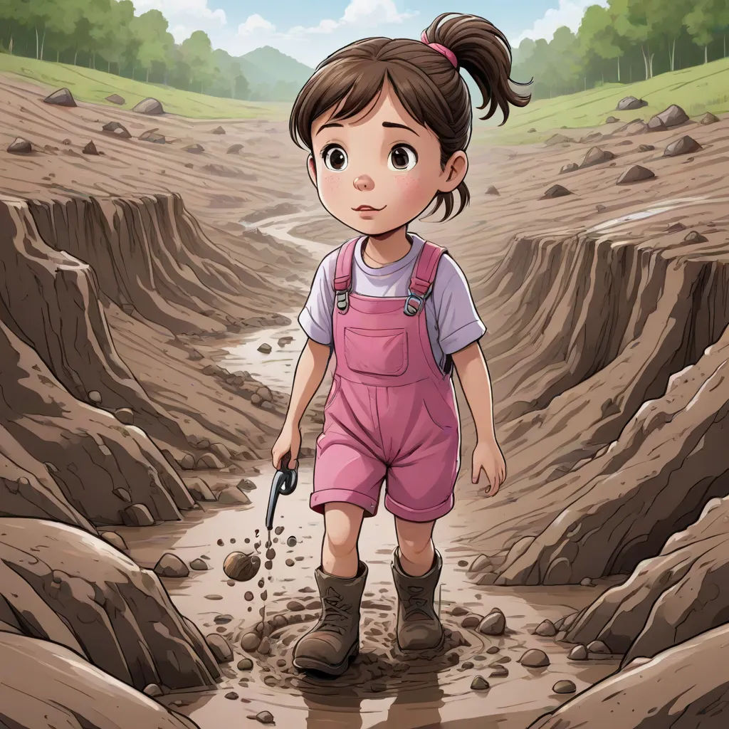 a girl walking through a muddy field with a stick in her hand and a puddle of mud in her hand, environmental art, a storybook illustration, Clarice Beckett, comic cover art