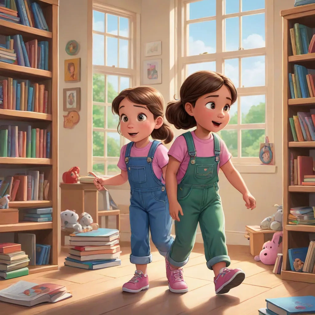 two children are walking through a library with bookshelves and books on the shelves and a stuffed animal, sots art, a storybook illustration, disney, official art