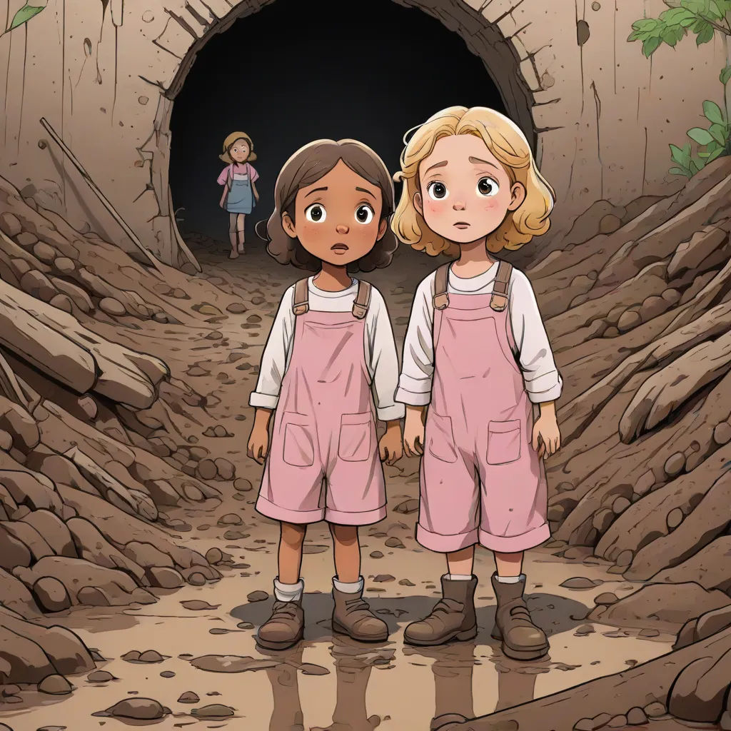 two children standing in front of a tunnel with a man and woman standing in the background in a cartoon, serial art, a storybook illustration, Anne Said, ghibli