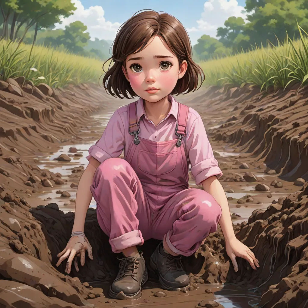 a painting of a girl sitting in a muddy field with a dog in the background and a dog in the foreground, context art, a detailed painting, Choi Buk, trending on art station