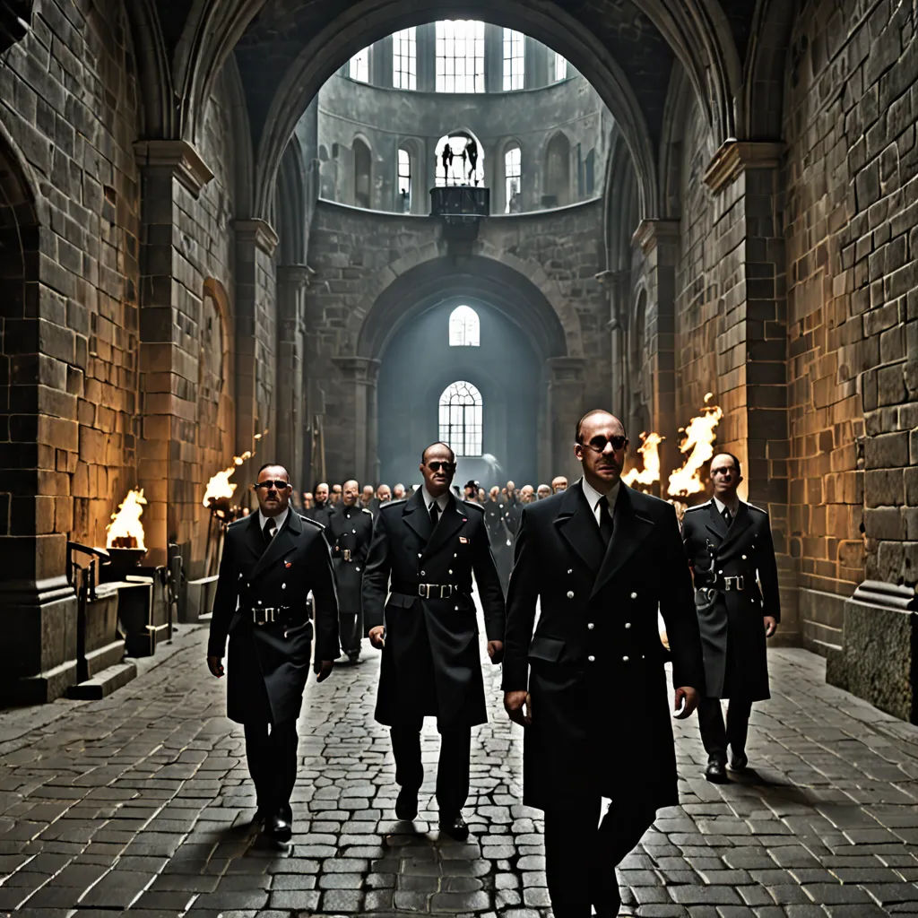a group of men in uniform walking down a brick walkway in a building with a fire in the middle of the aisle, institutional critique, a matte painting, Dirk Crabeth, movie still