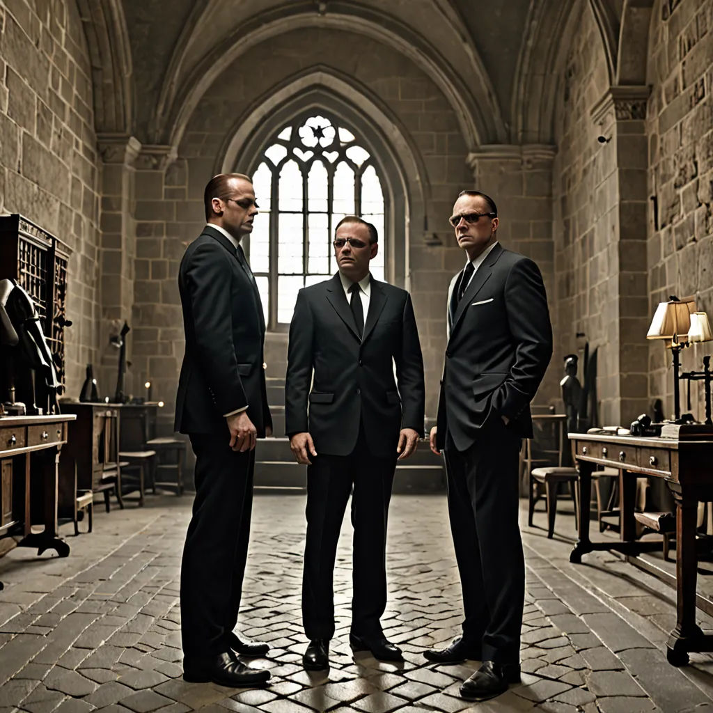 three men in suits standing in a room with a large window in the background and a stone floor in front of them, les nabis, a colorized photo, Amédée Ozenfant, promotional image