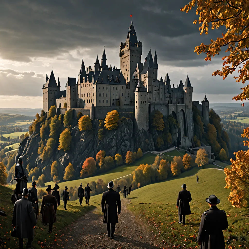 a castle with a lot of people walking around it on a hill side with trees in the foreground, gothic art, a detailed matte painting, Evgeny Lushpin, cinematic matte painting