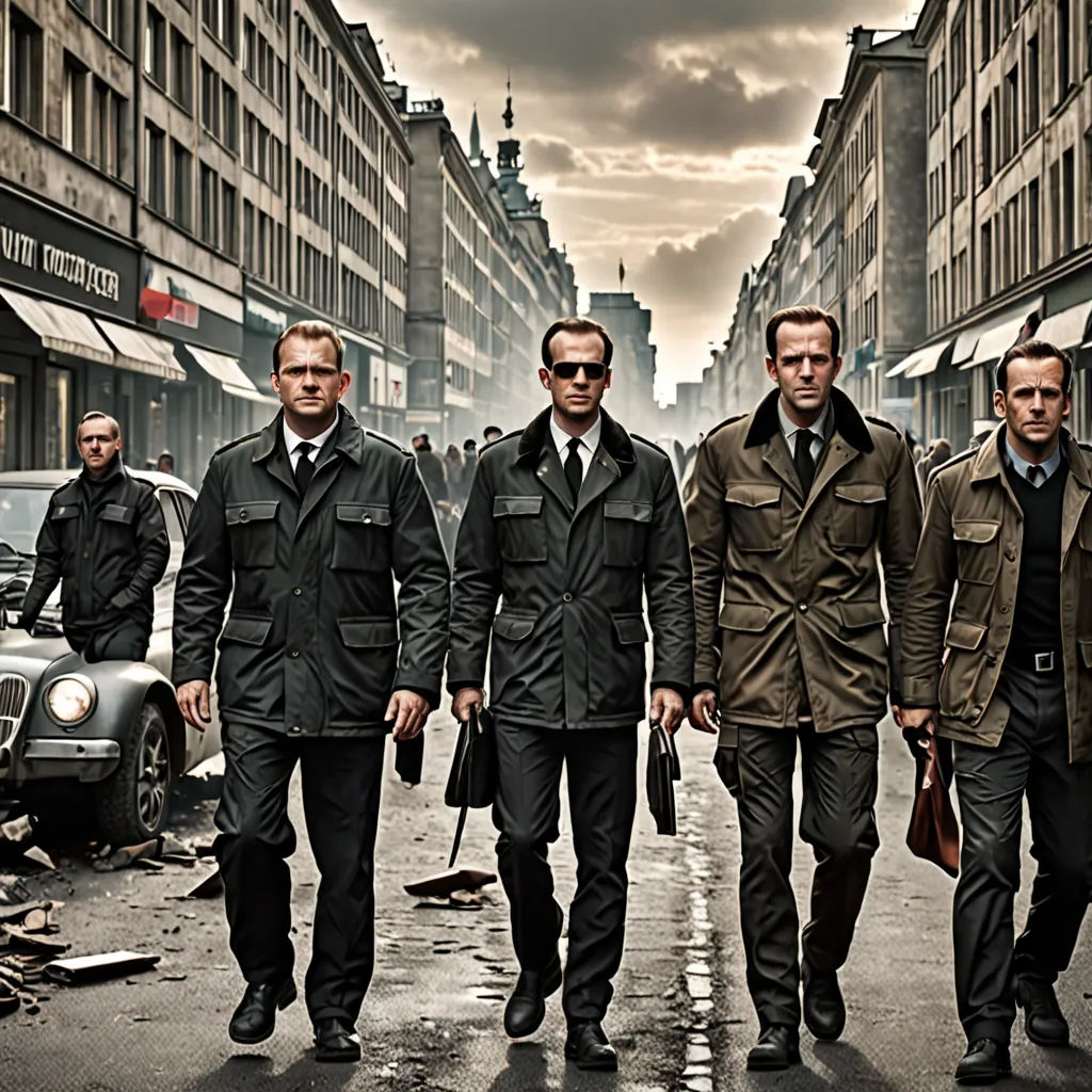 a group of men walking down a street next to tall buildings and cars on a cloudy day with a sky background, viennese actionism, poster art, Christian Hilfgott Brand, promotional image