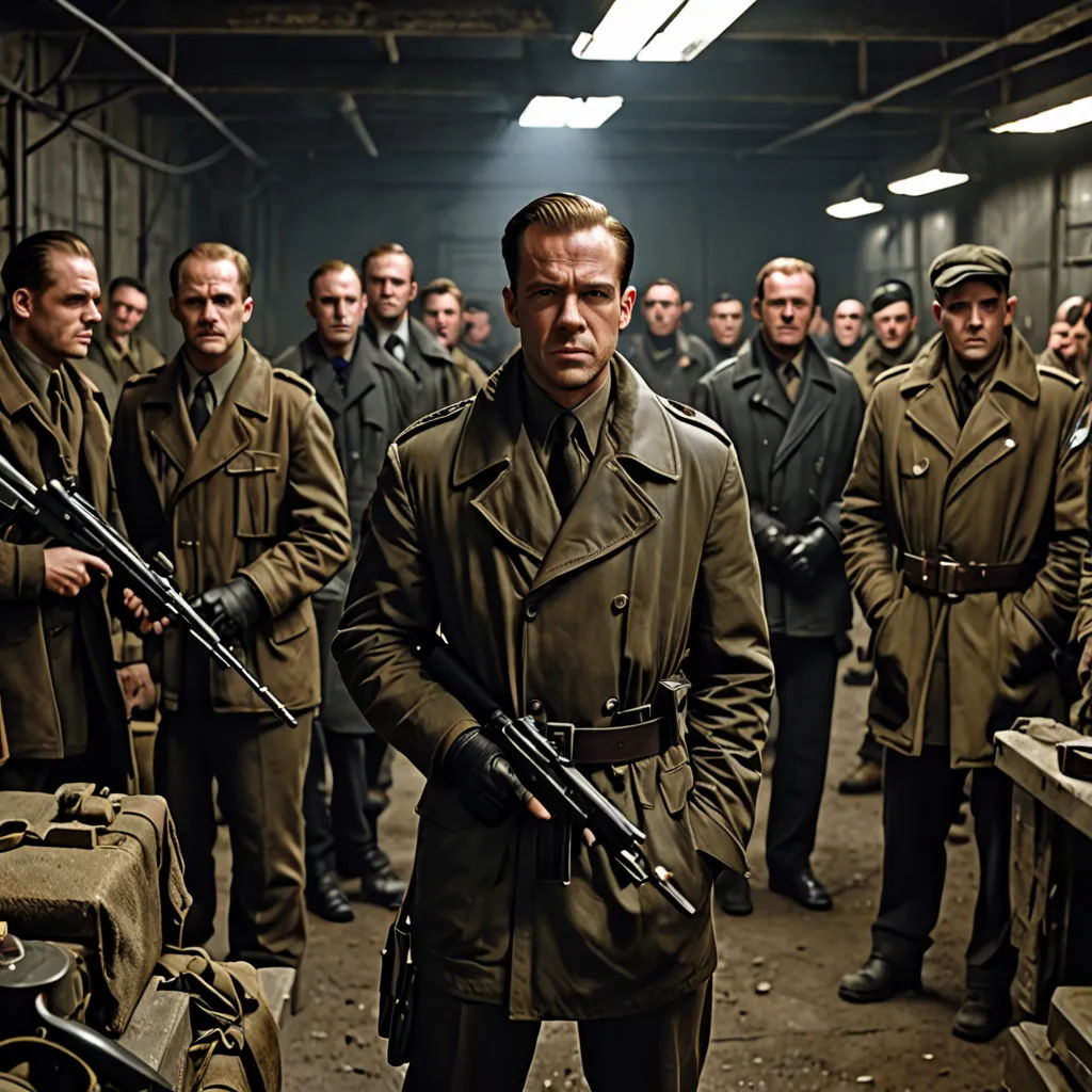 a group of men in military uniforms standing in a warehouse with guns in their hands and looking at the camera, antipodeans, a detailed matte painting, Arnold Brügger, dieselpunk