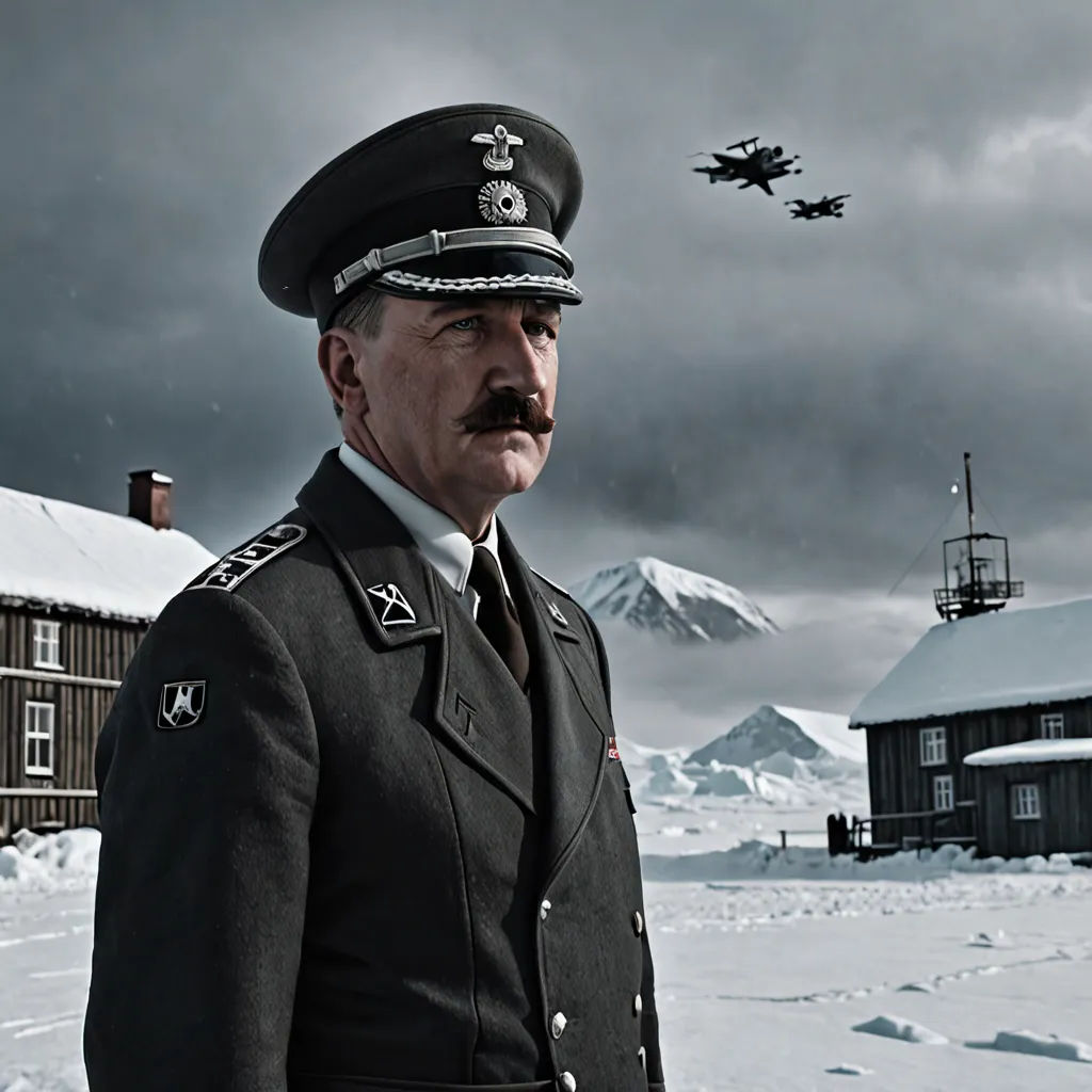 a man in a uniform standing in the snow with a plane flying overhead in the background and a building with a few planes in the sky, dau-al-set, a matte painting, Artur Grottger, promotional image