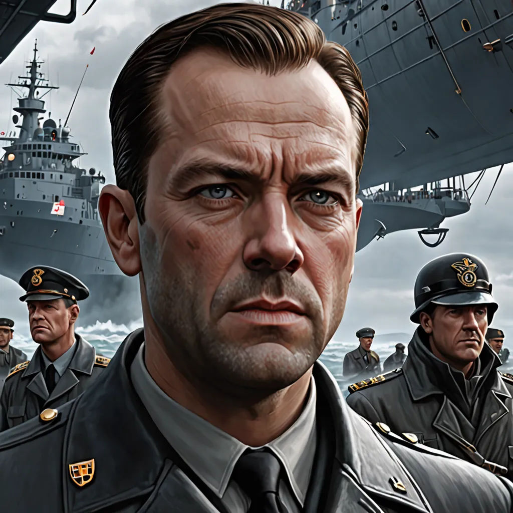 a man in a suit and tie standing in front of a battleship with other men in uniform in front of him, sots art, a character portrait, Arnold Brügger, detailed portrait