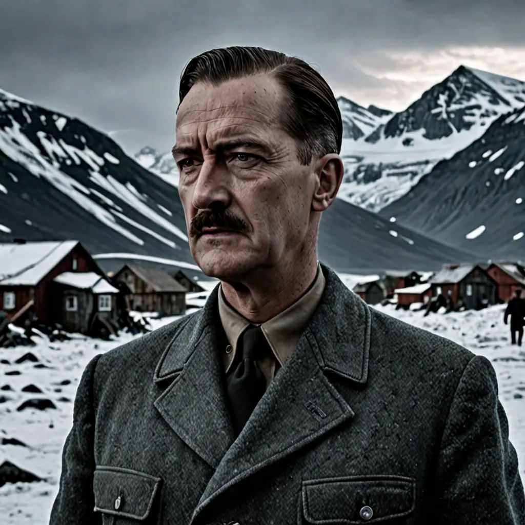 a man in a coat and tie standing in front of a mountain range with houses and snow on it, dau-al-set, a detailed matte painting, Ejnar Nielsen, promotional image
