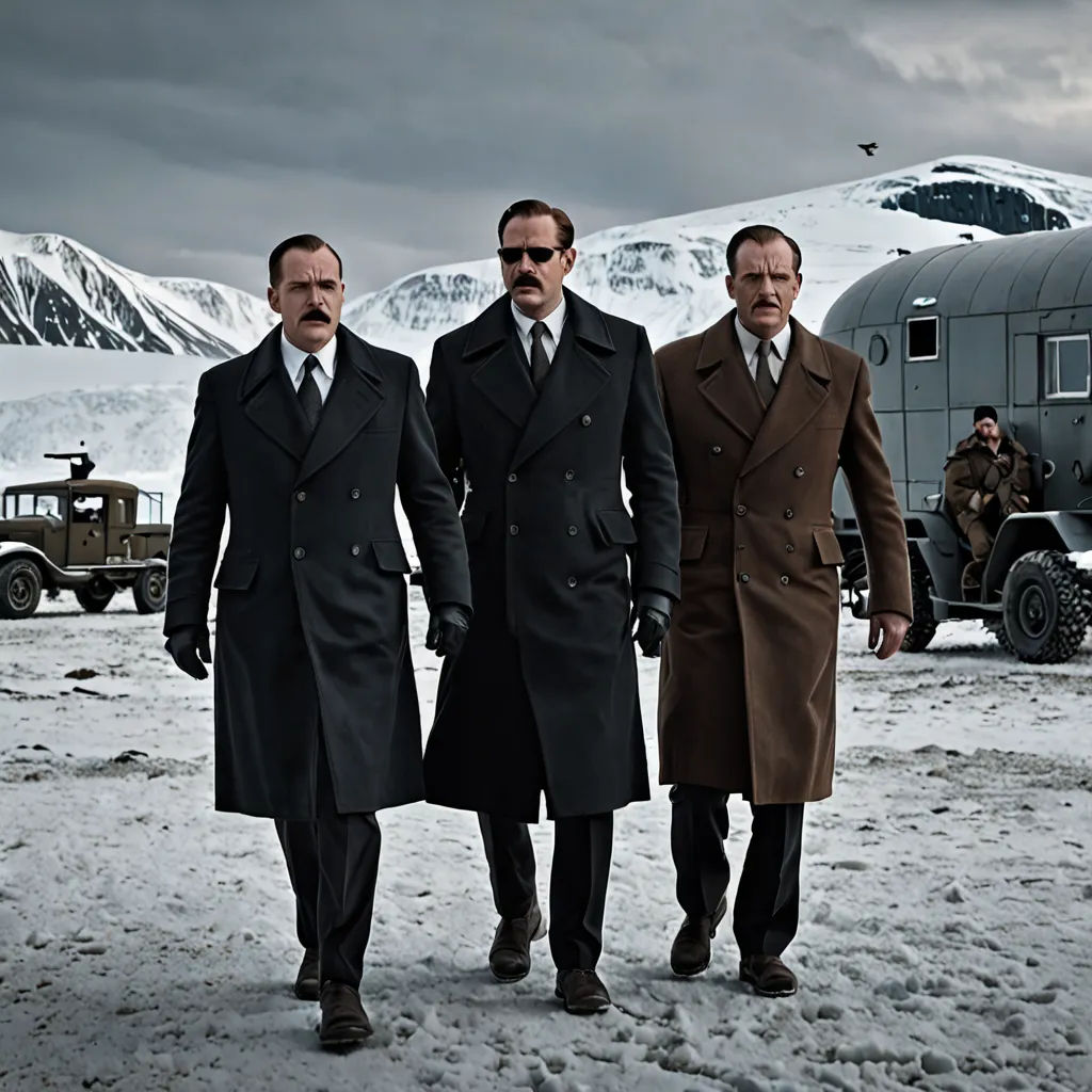 three men in coats and ties standing in the snow near a truck and a trailer in the background with a snowy mountain in the background, serial art, a matte painting, Ada Gladys Killins, promotional image