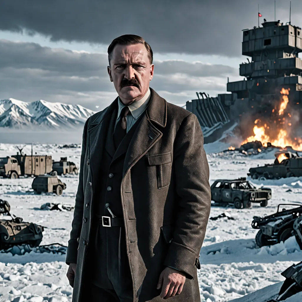a man in a trench coat standing in front of a large building with a fire in the background and a mountain in the background, dau-al-set, a detailed matte painting, Adolf Wölfli, promotional image