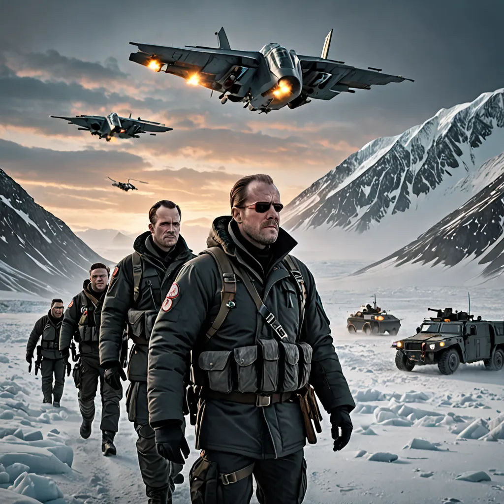 a group of men walking across a snow covered field next to a plane flying over them and a truck, computer art, a detailed matte painting, David Palumbo, promotional image