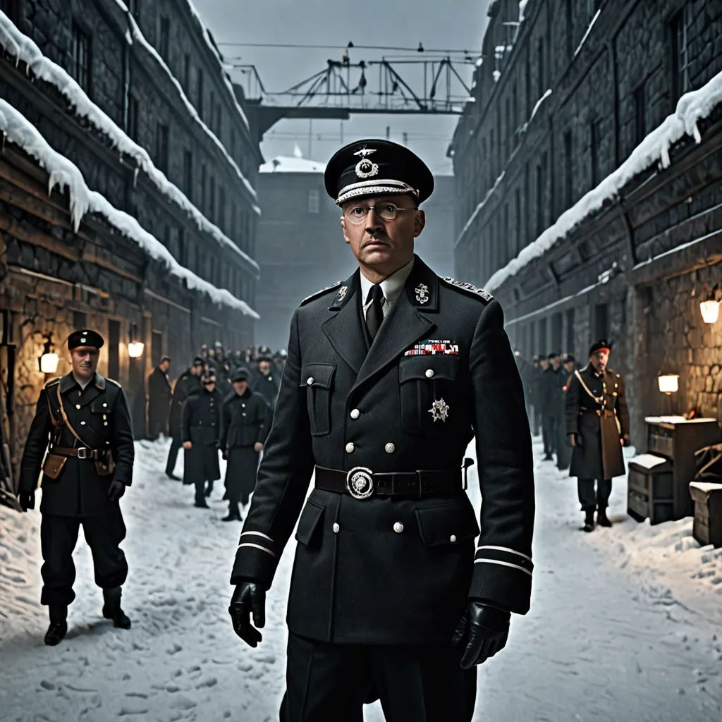 a man in a uniform standing in a snowy alley way with other men in uniform in the background and a bridge in the background, constructivism, a detailed matte painting, Adolf Born, promotional image