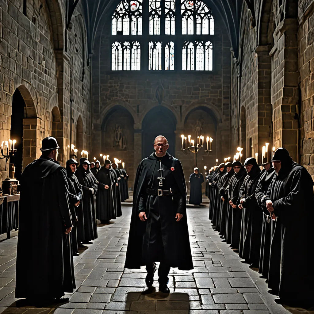 a man in a black robe standing in a church with other men in black robes and a cathedral in the background, gothic art, poster art, Artur Tarnowski, promotional image
