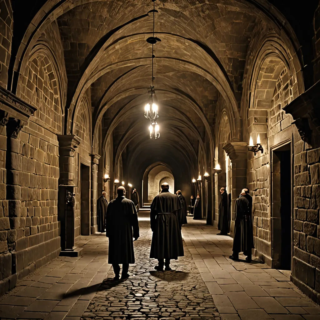 a group of people standing in a hallway next to a light fixture and a clock tower in the background, romanesque, a detailed matte painting, Dirk Crabeth, cinematic photography
