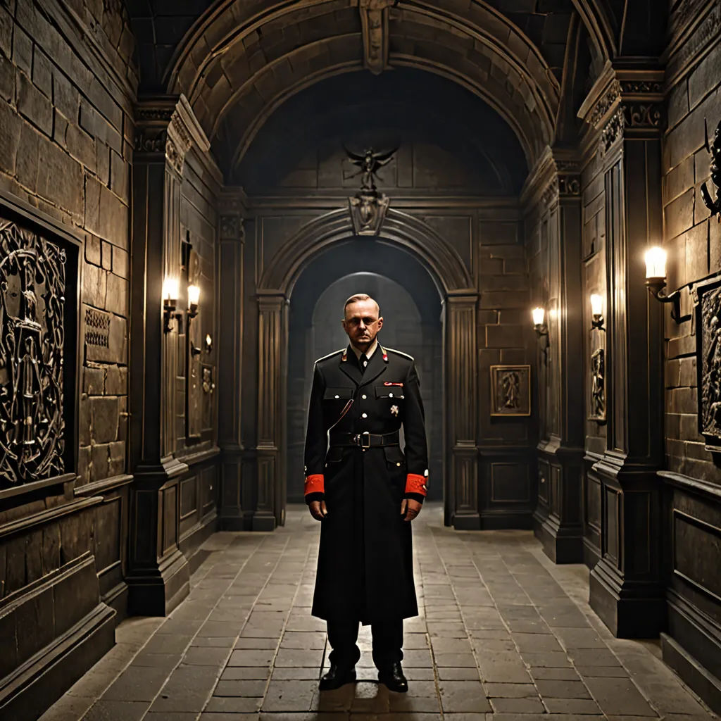 a man in a uniform standing in a hallway with lights on either side of him and a clock on the wall, symbolism, a detailed matte painting, Christian W. Staudinger, promotional image