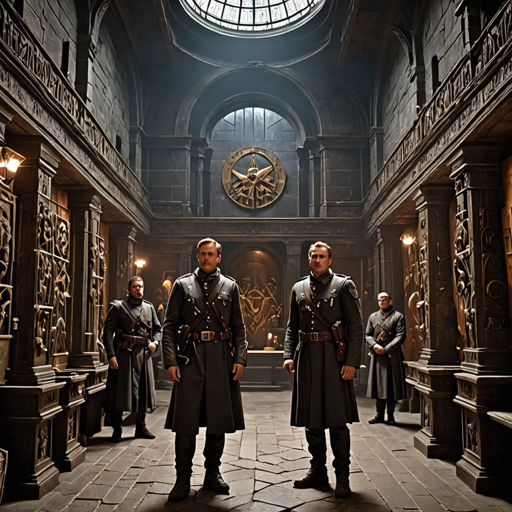 a group of men standing in a large room with a clock on the wall and a skylight above, antipodeans, a detailed matte painting, Dirk Crabeth, vfx
