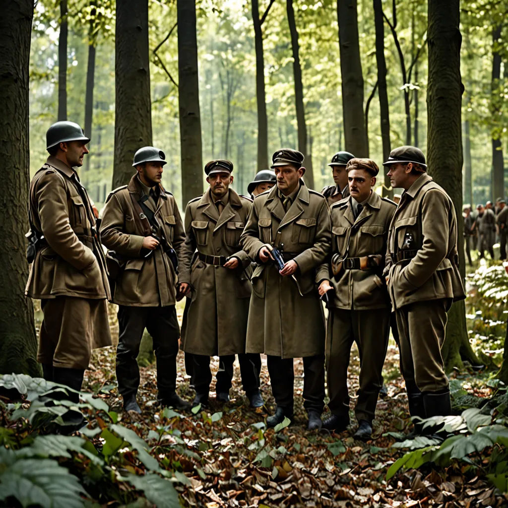 a group of men in uniforms standing in a forest together, with trees in the background and people in the foreground, viennese actionism, a colorized photo, Caspar Wolf, promotional image