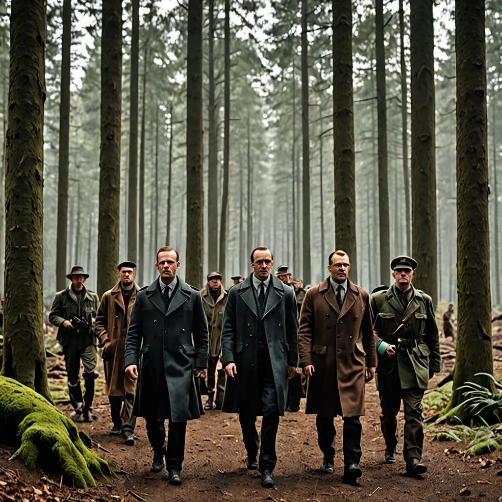 a group of men walking through a forest filled with trees and moss covered ground, all wearing coats and hats, berlin secession, poster art, Arnold Brügger, promotional image