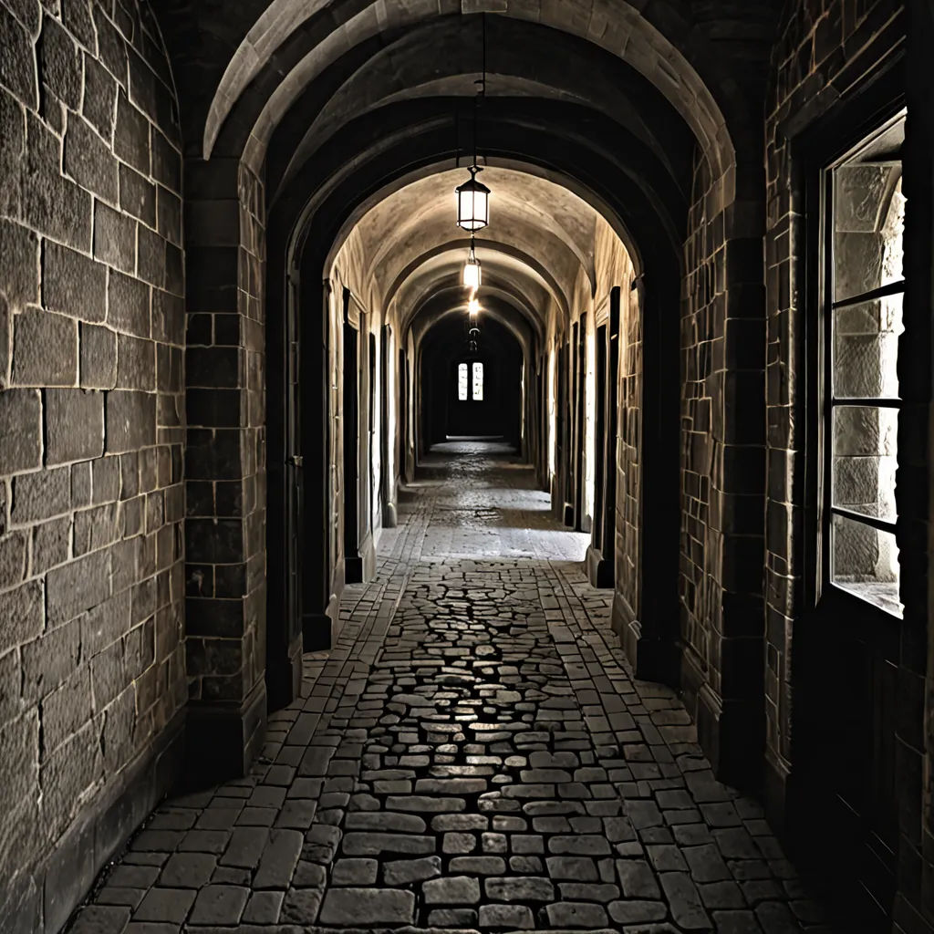 a long hallway with a light on the ceiling and a brick floor and walls on both sides of the hallway, gothic art, a flemish Baroque, Dirk Crabeth, neo-gothic