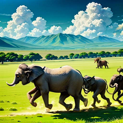 a painting of elephants running in a field with mountains in the background and clouds in the sky above them