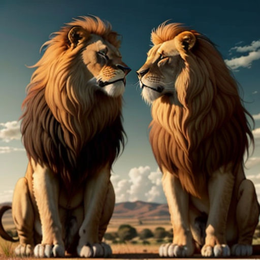 two lions sitting next to each other on a field of grass and grass covered ground with clouds in the background